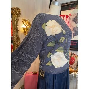 vintage 1980s hand painted silk blouse gray watercolor rose print s/m 80s top